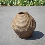 Large old basket, burgundy straw and bramble, woven basket