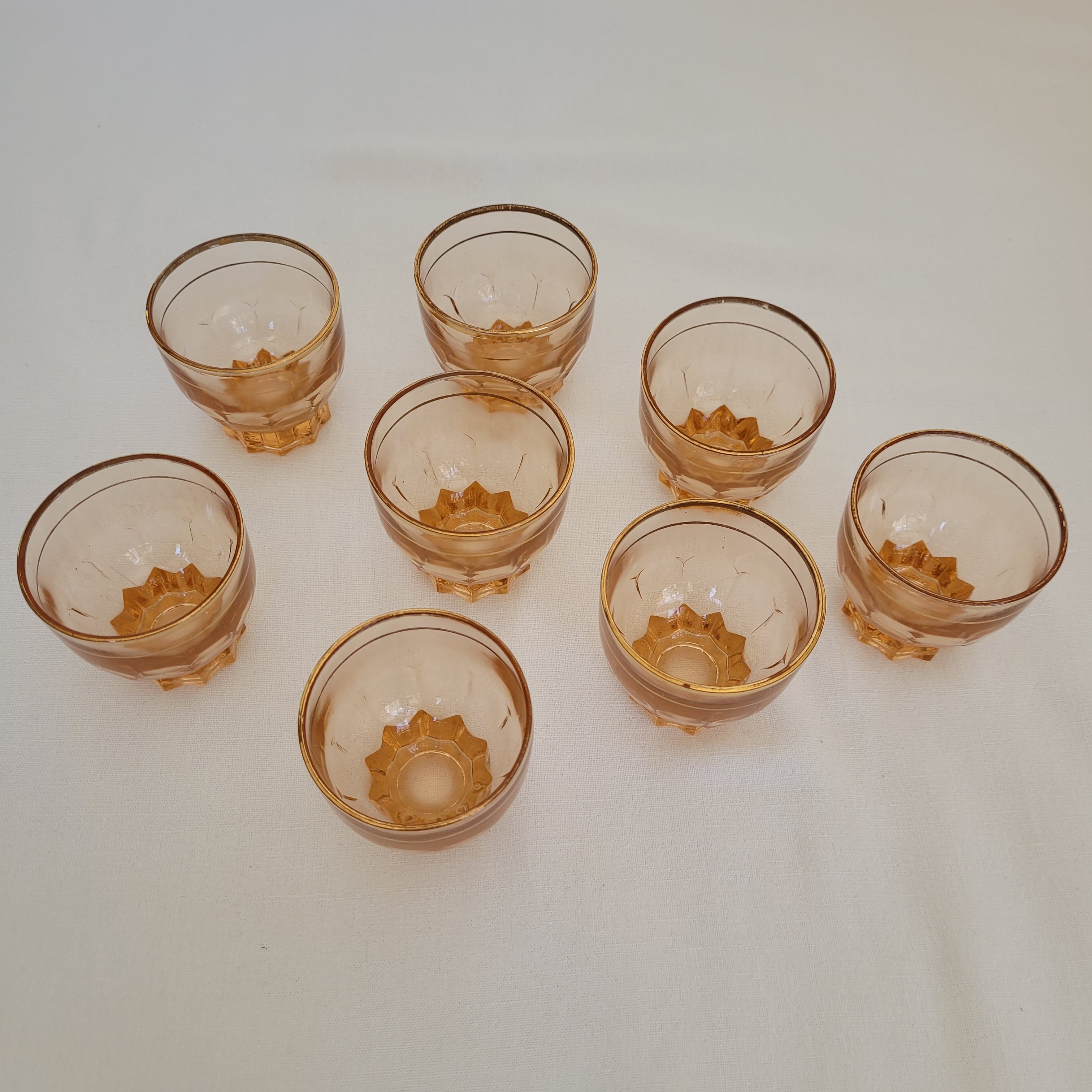 Pink glass liquor set carafe, glass and tray