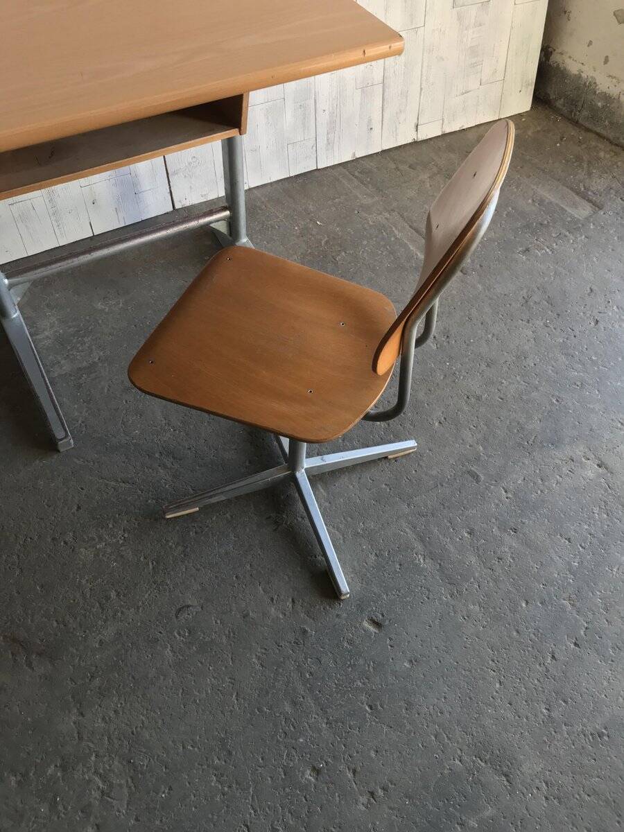 Embru set from the 1960s, school desk and brown wooden and steel chair, Switzerland, set of 2.