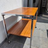 Table / Serving trolley on wheels in chrome and walnut veneered wood