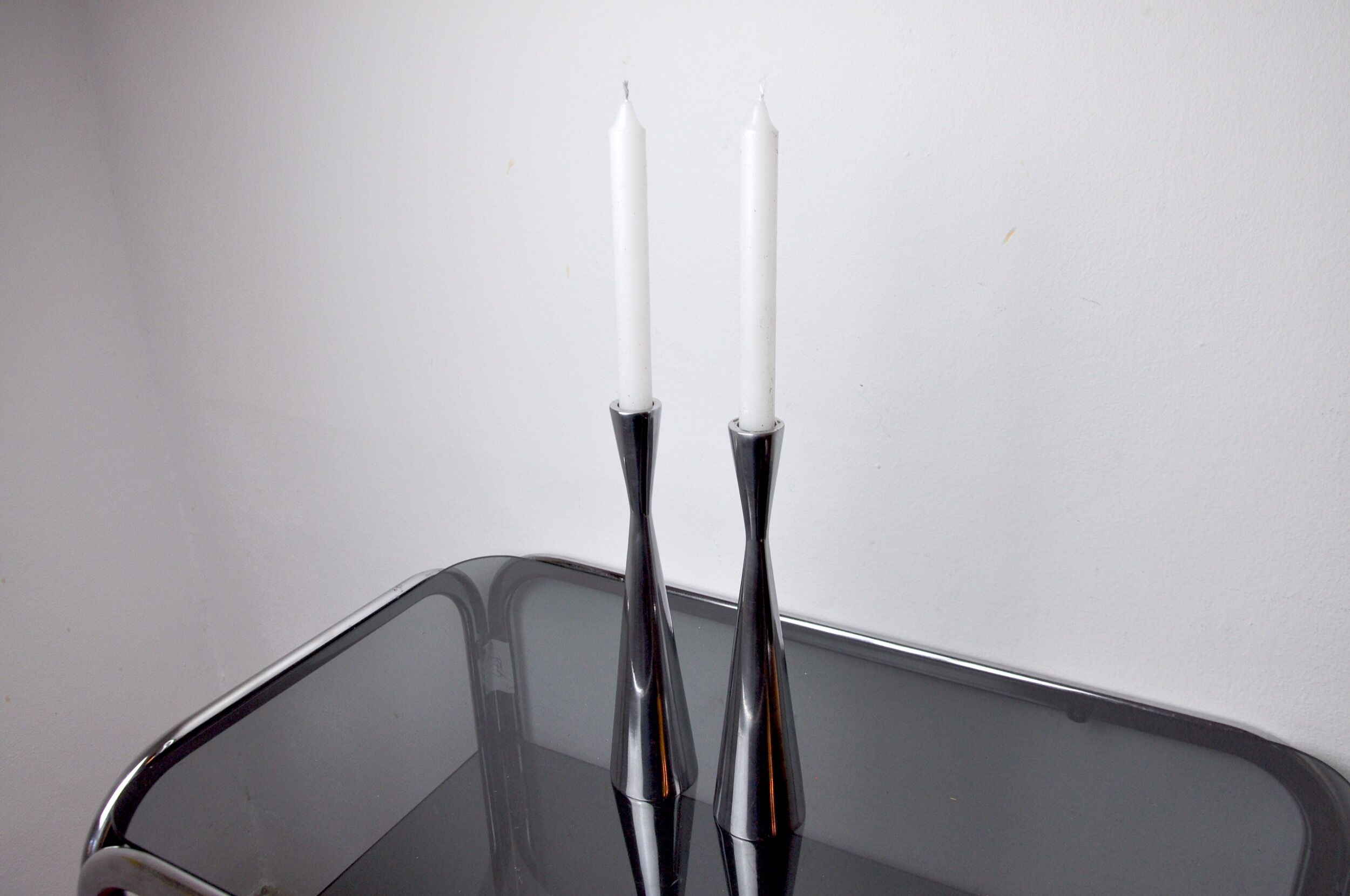 Pair of scandinavian diabolo candle holders, aluminum, sweden, 1970