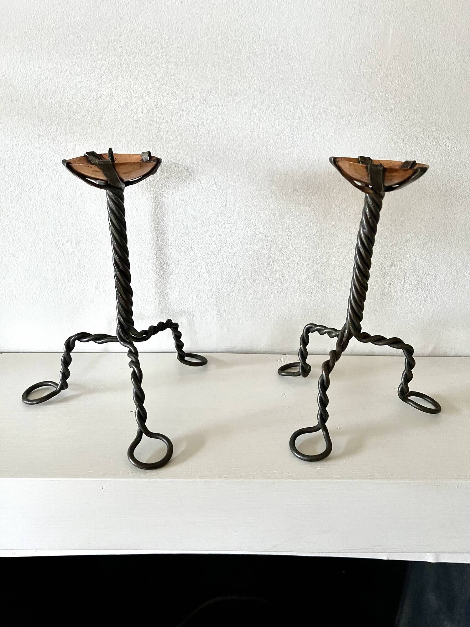 Pair of Arts & Crafts vintage antique candlesticks in wrought iron & copper