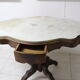 Art Deco wheeled table with 2 walnut drawers on white marble top