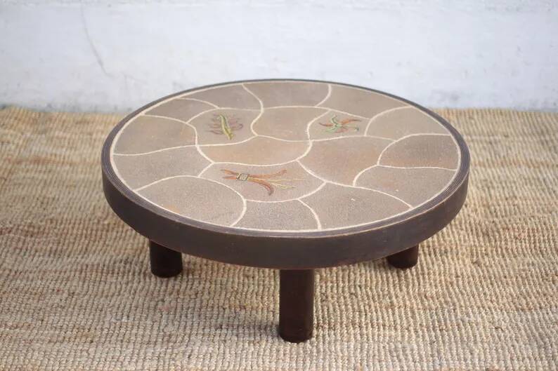 Coffee table signed Barrois, wood and stoneware table with plant decoration, France, interior decor.