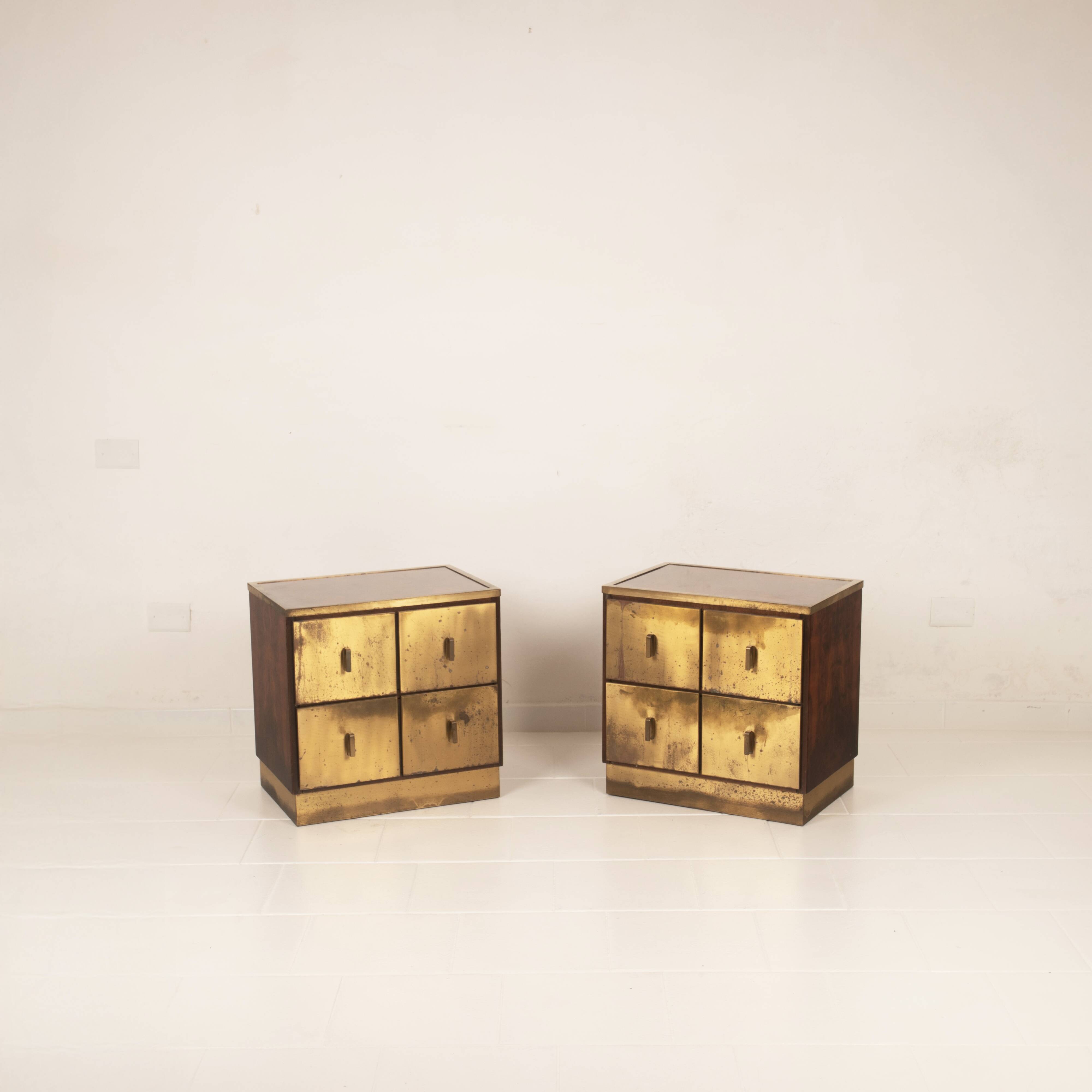 Aldo Frigerio Italian Walnut Burl and Gold-Laminated Brass Bagdad Nightstands