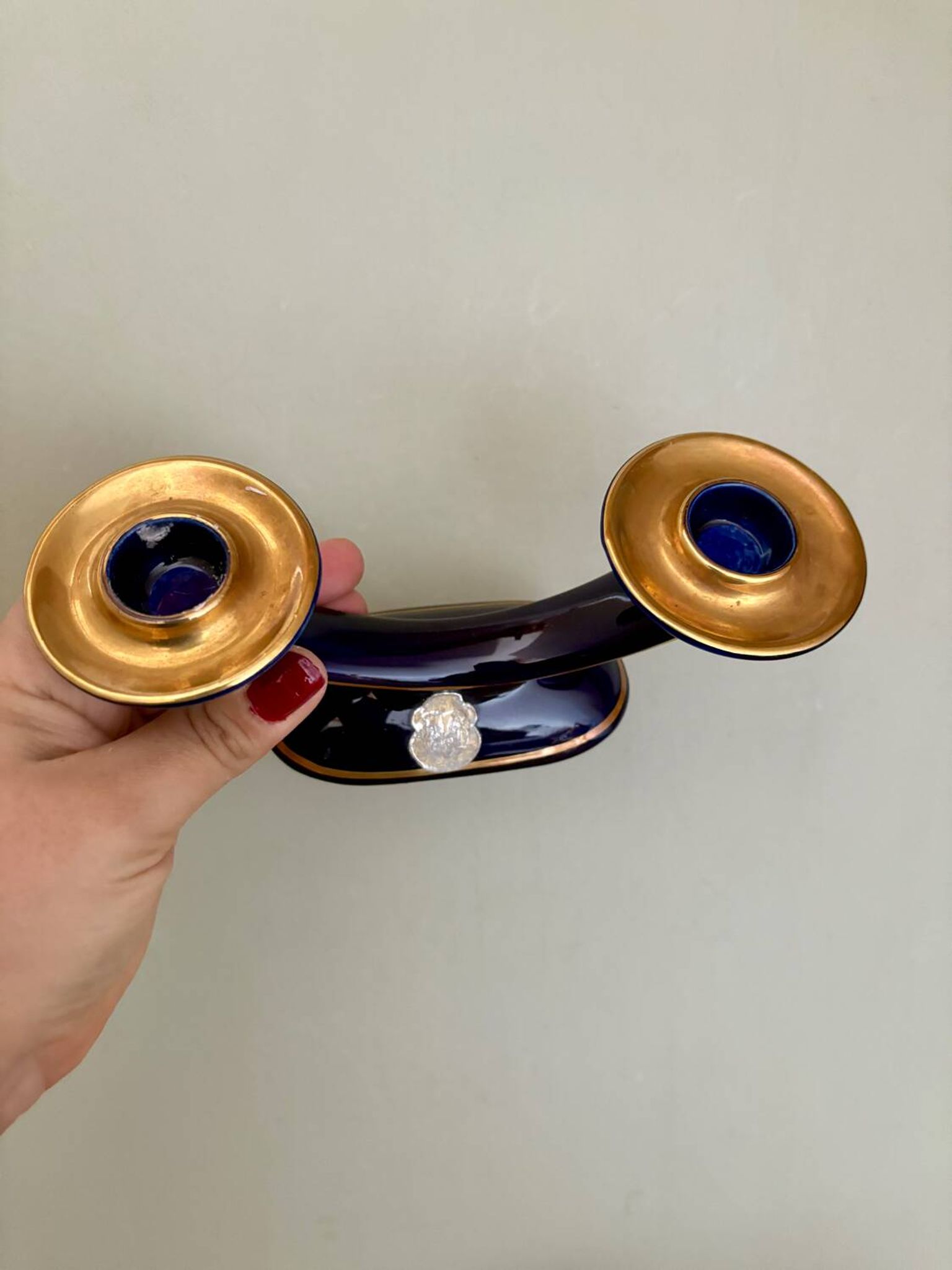 Set of 2 vintage blue and gold ceramic candle holders