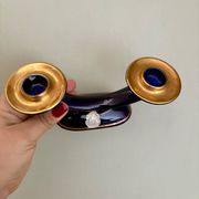 Set of 2 vintage blue and gold ceramic candle holders