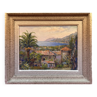 Oil on panel View of a villa in St Tropez? probably A. Adam around 1960