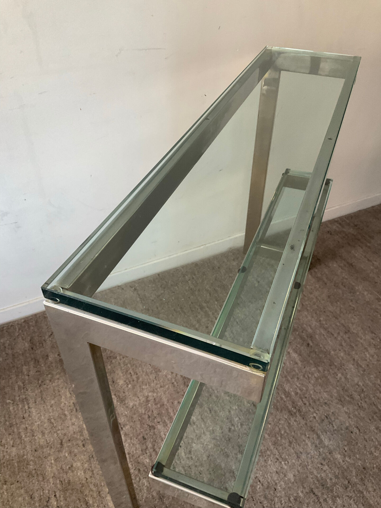 Console "G" by Belgochrom in brass and glass from the 1970s.