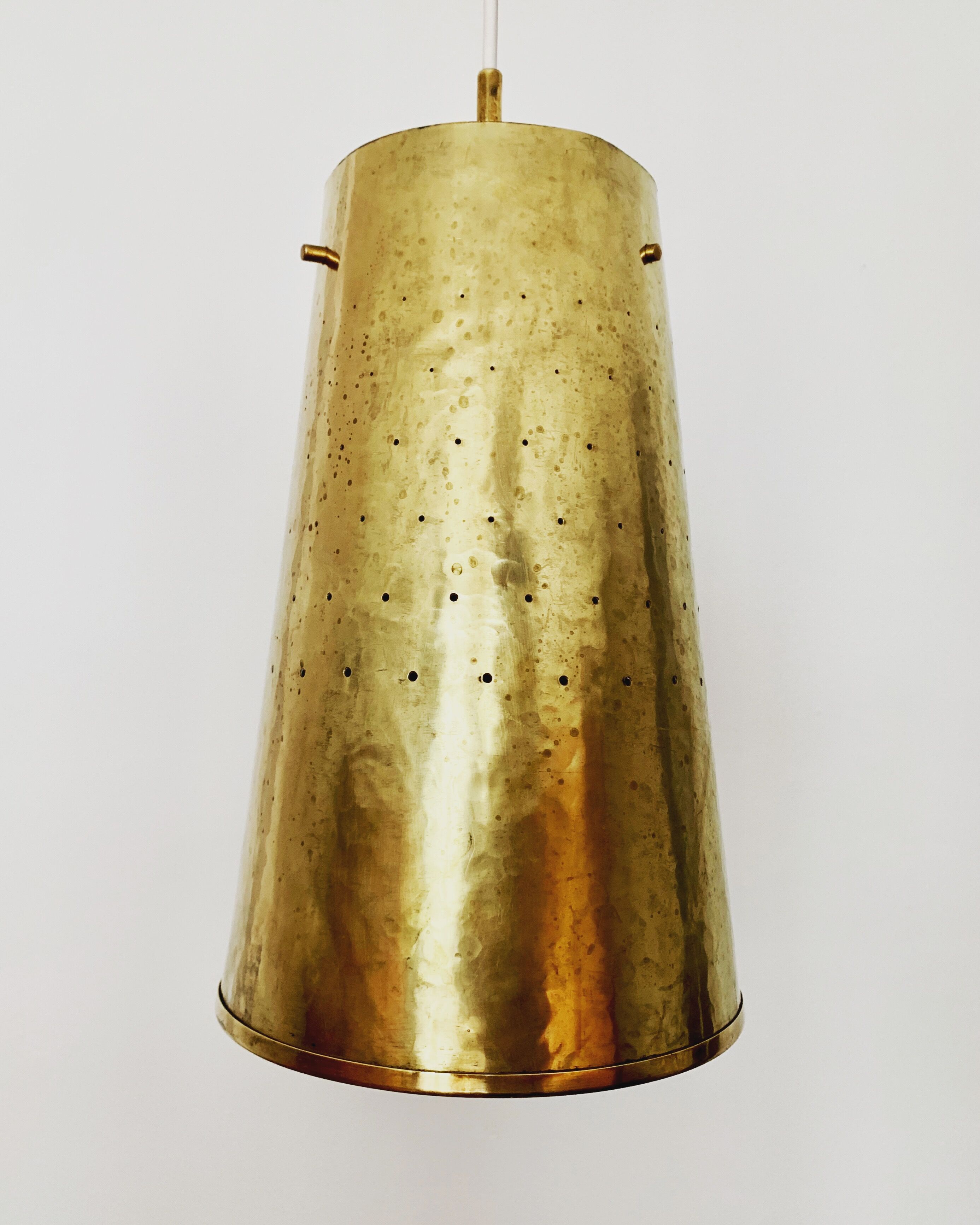 Set of 2 large Mid Century Modern perforated brass pendant lamps