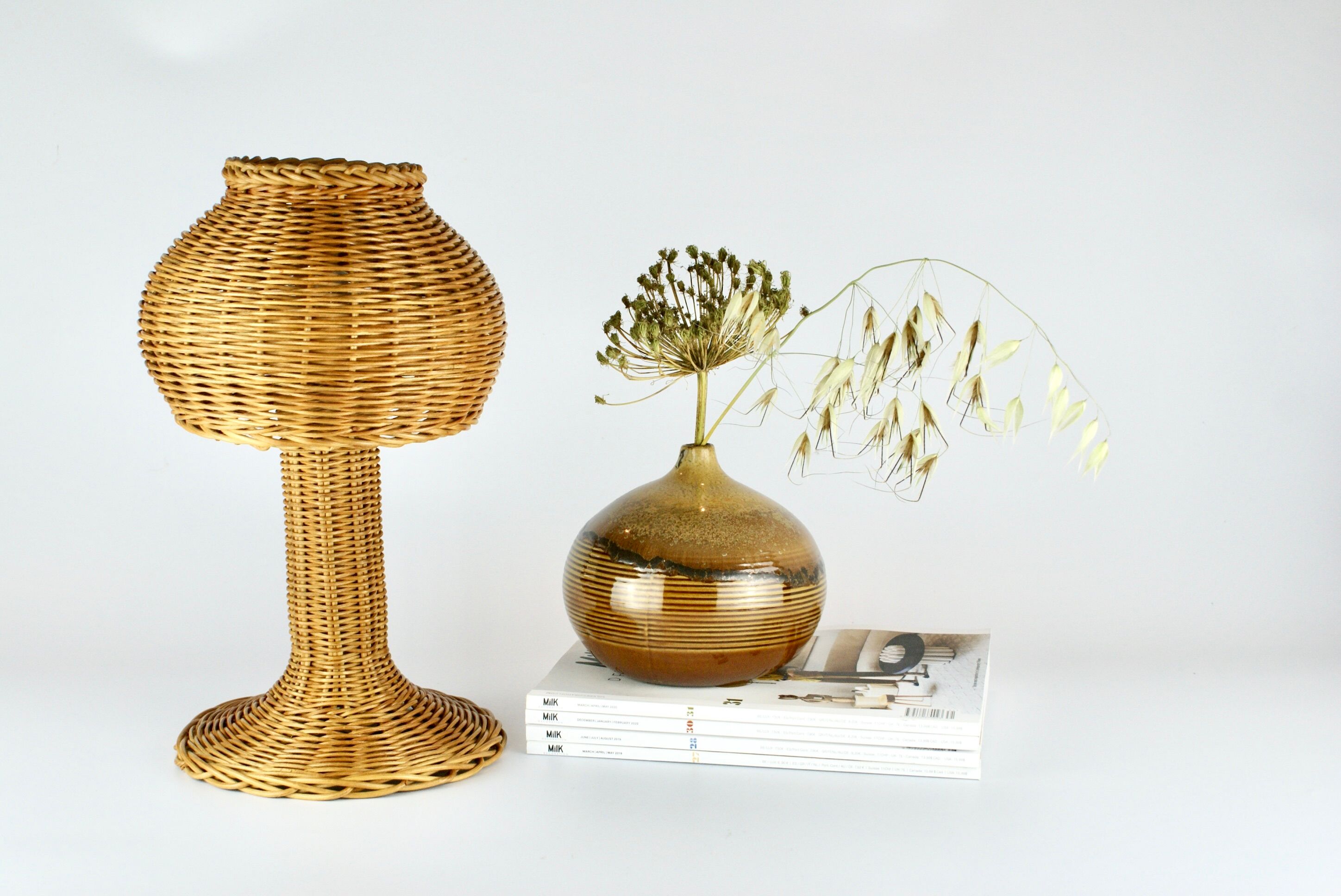 Mushroom shaped handcrafted rattan lamp 1970