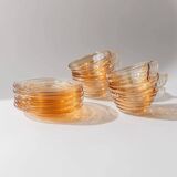 Vintage 1950s glass coffee cups, set of 5, iridescent peach ribbed glass with saucers, Italian design Gondolo.