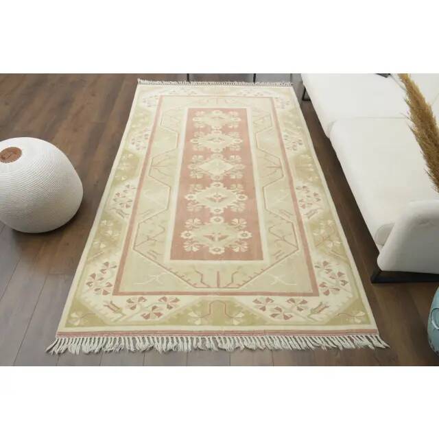 1970s Vintage Turkish Oushak Handmade Wool Cotton Beige Area Rug 153x260