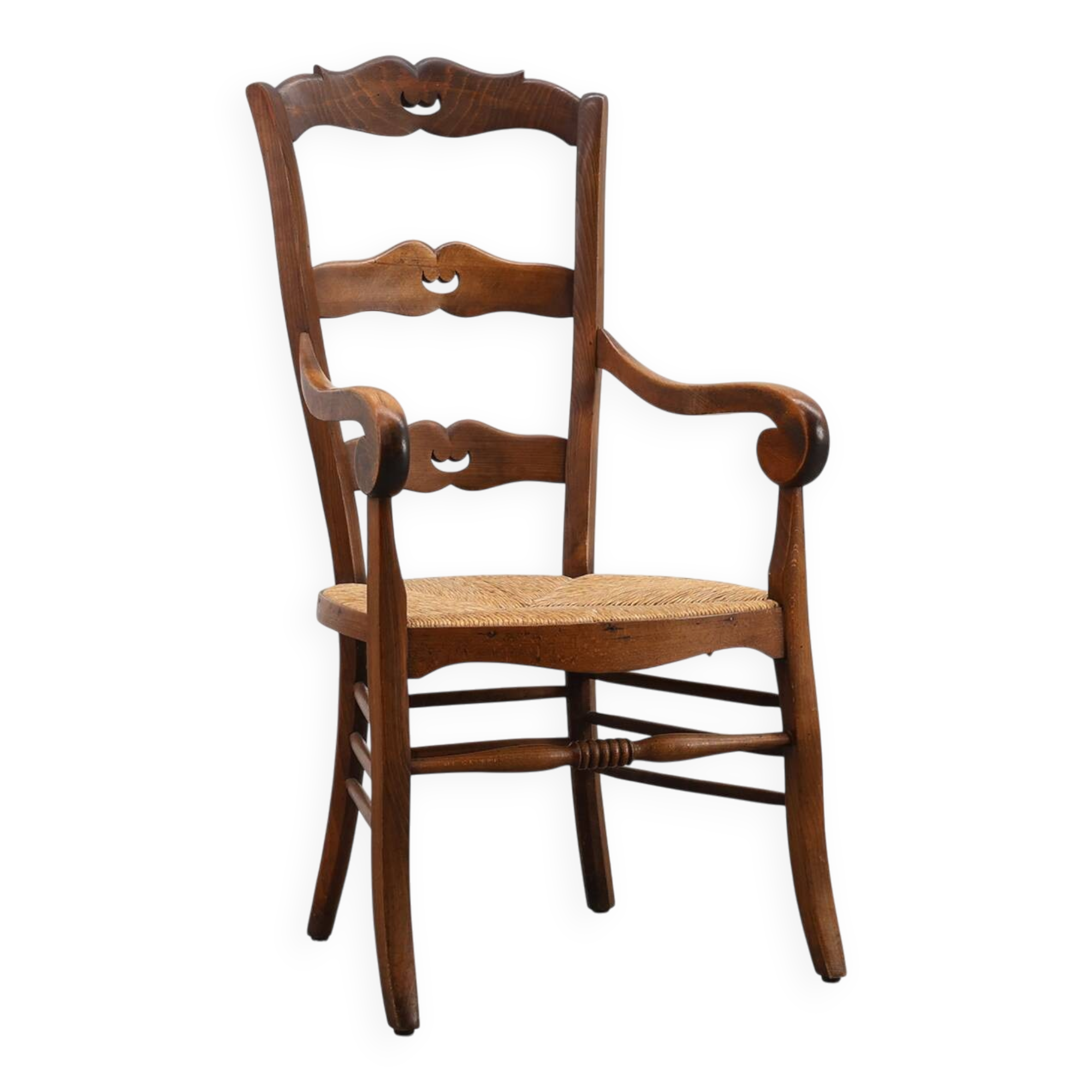 French Provincial Ladder‑Back Armchair with Woven Rush Seat, 19th century