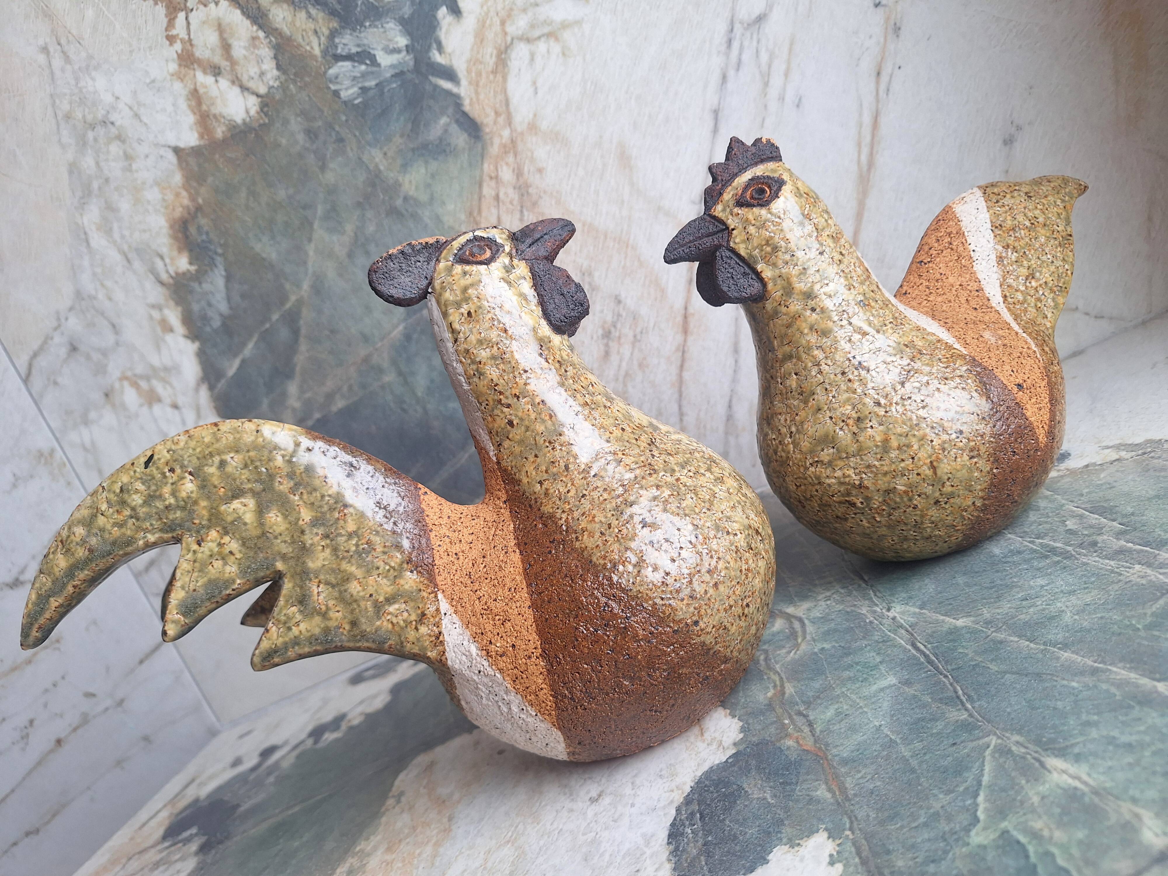 Paire de sculptures vintage coq et poule en grès, décoration artisanal