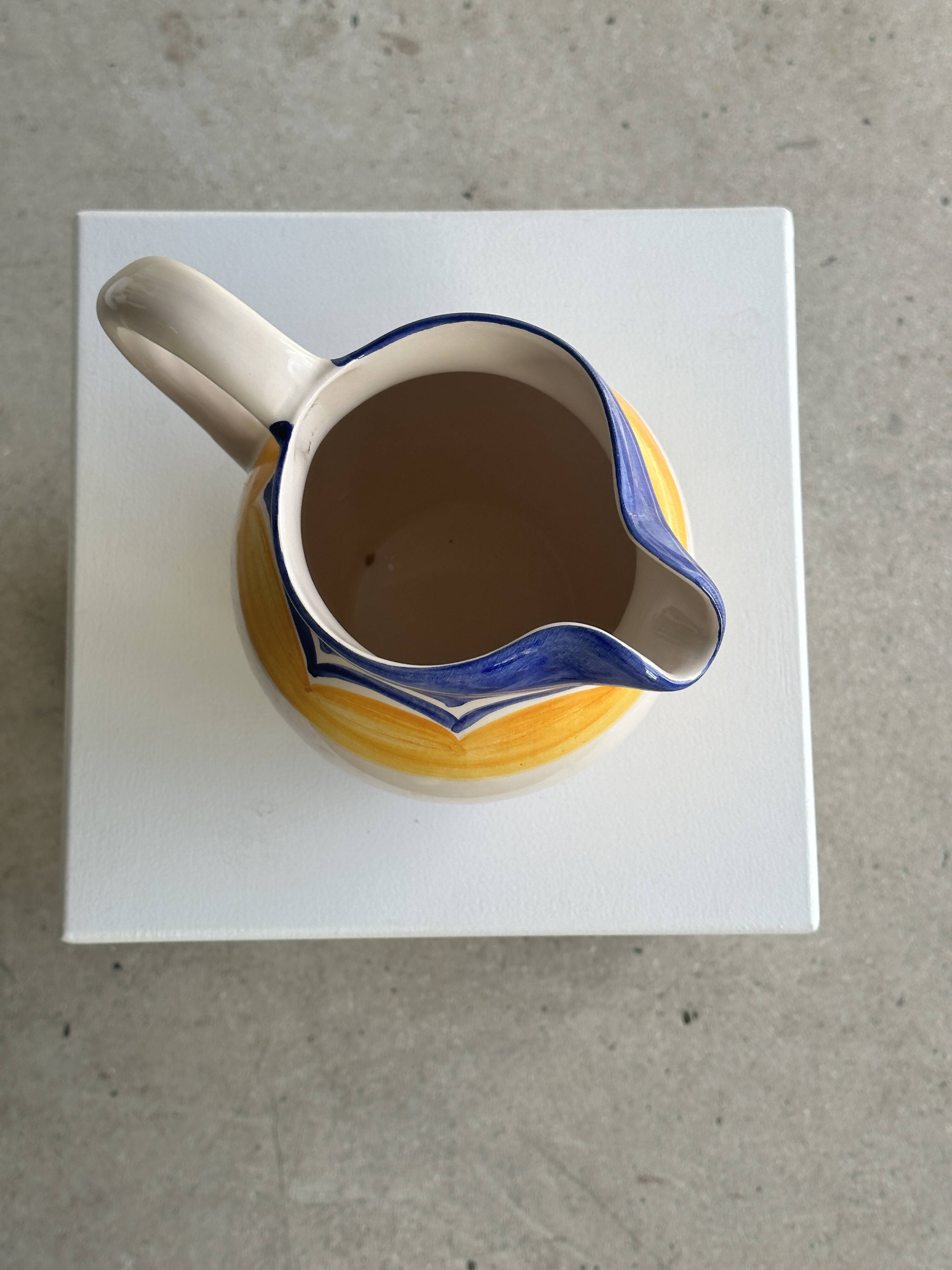 Large blue and yellow hand painted carafe H:20cm