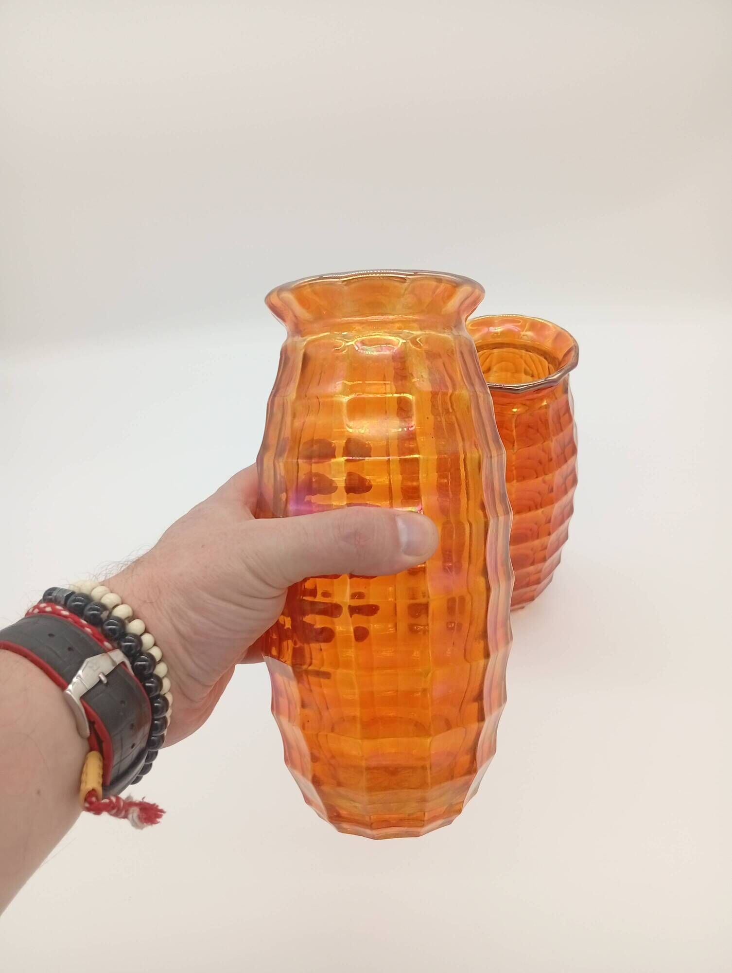 Paire Vases Art Déco Josef Invald Carnival Marigold Orange Irisé Jacobean