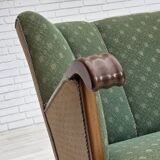 Canapé danois 3 places des années 1950, tissu en laine d'ameublement vert/beige, bois de chêne.