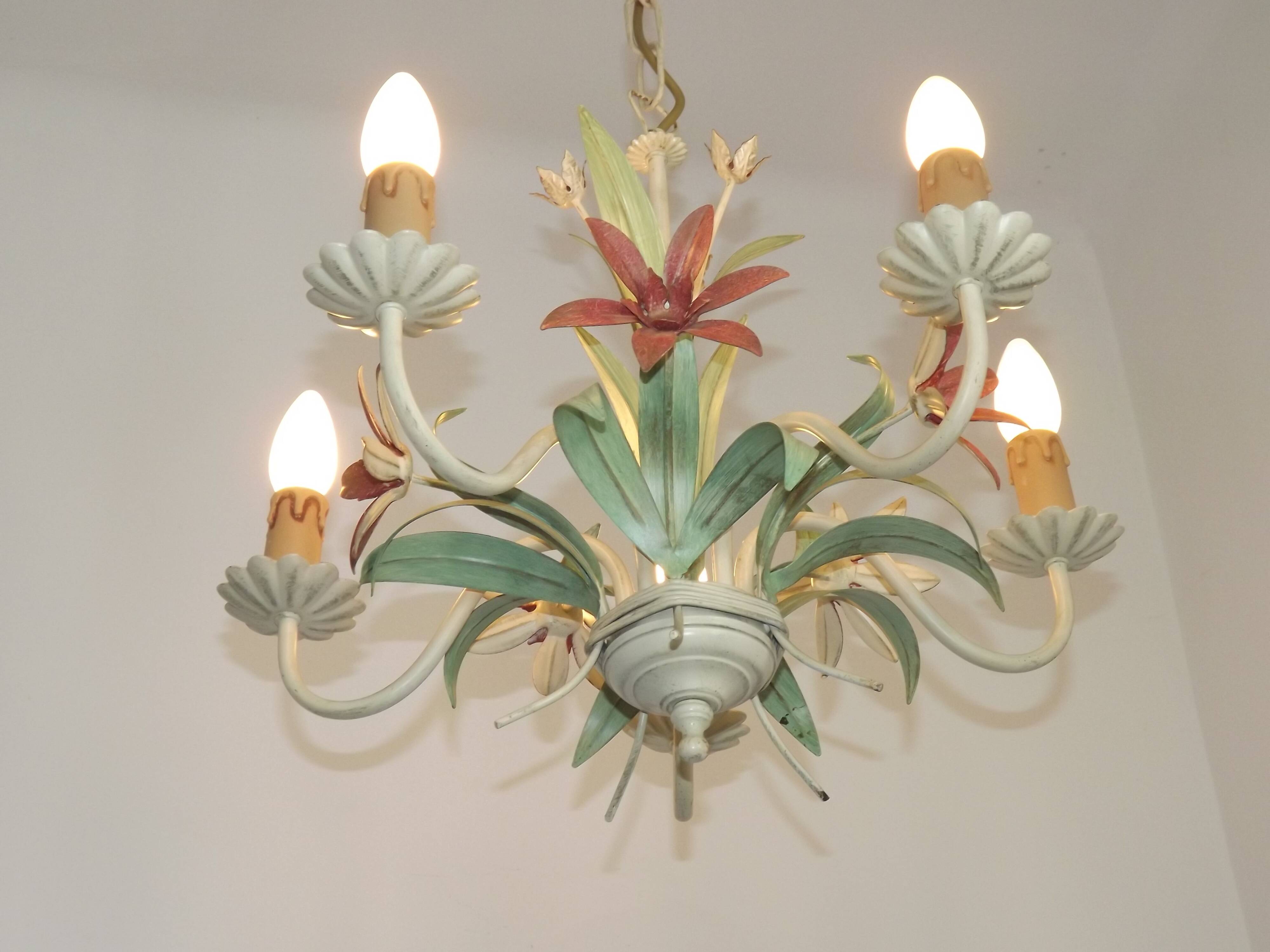 5 Light Vintage Italian Chandelier, Mathias Metal Bouquet, Pink Flowers