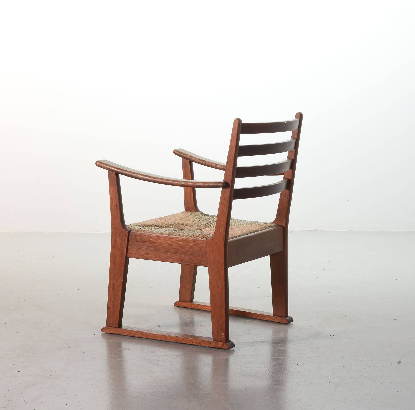 Rare Bas van Pelt Brutalist Oak Armchair with Woven Rush Seat for My Home