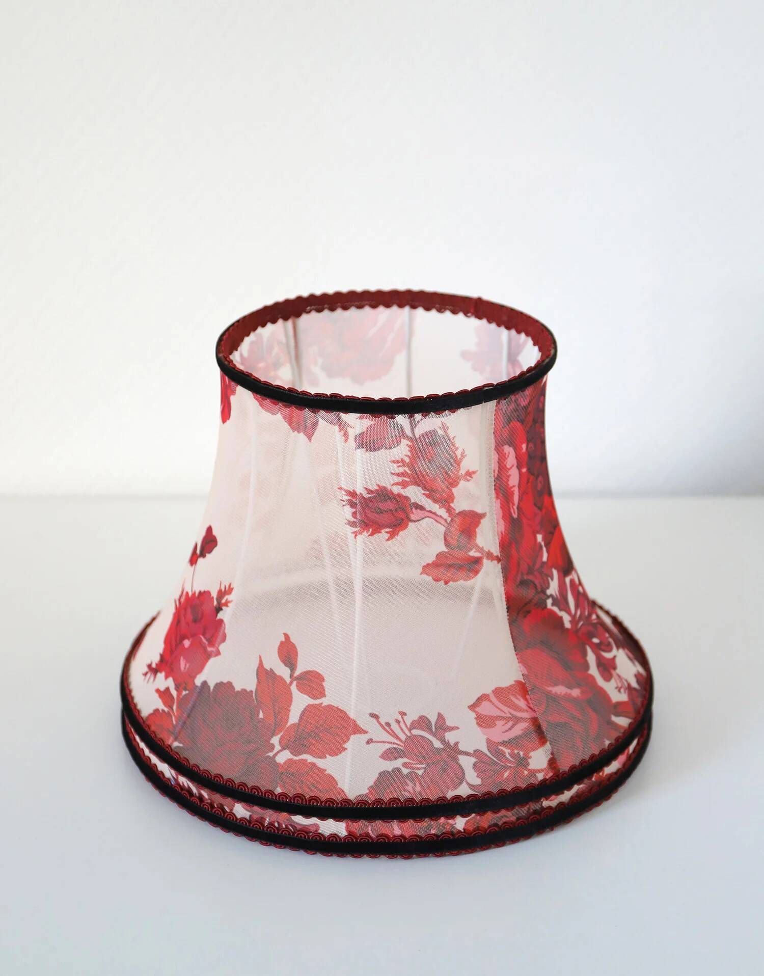 Recycled vintage lamp — burgundy ceramic base, floral voile shade