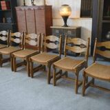 Set of 6 oak dining chairs with rush seat and 'Echelle' backrest in the style of Guillerme et Chambron 1950s