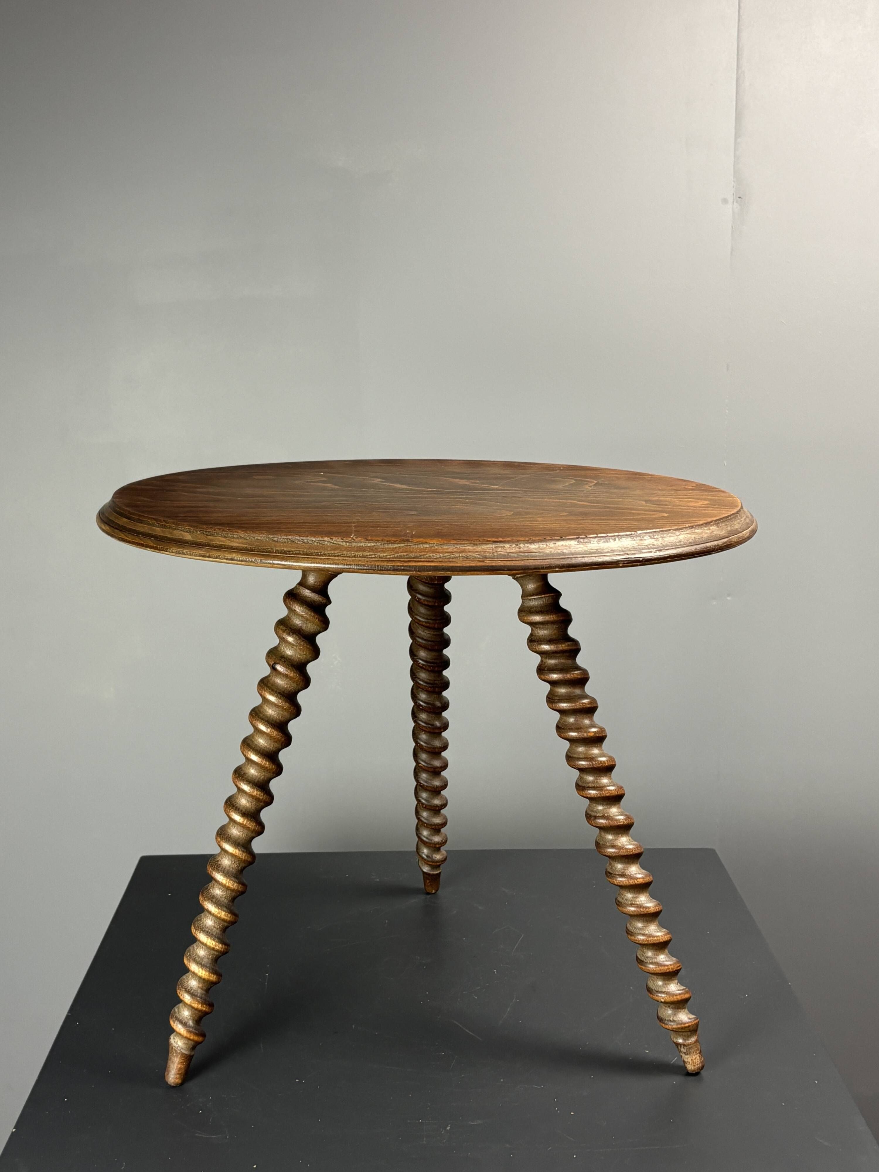 Midcentury wood turned barley twist side table with cork screw legs 1950s
