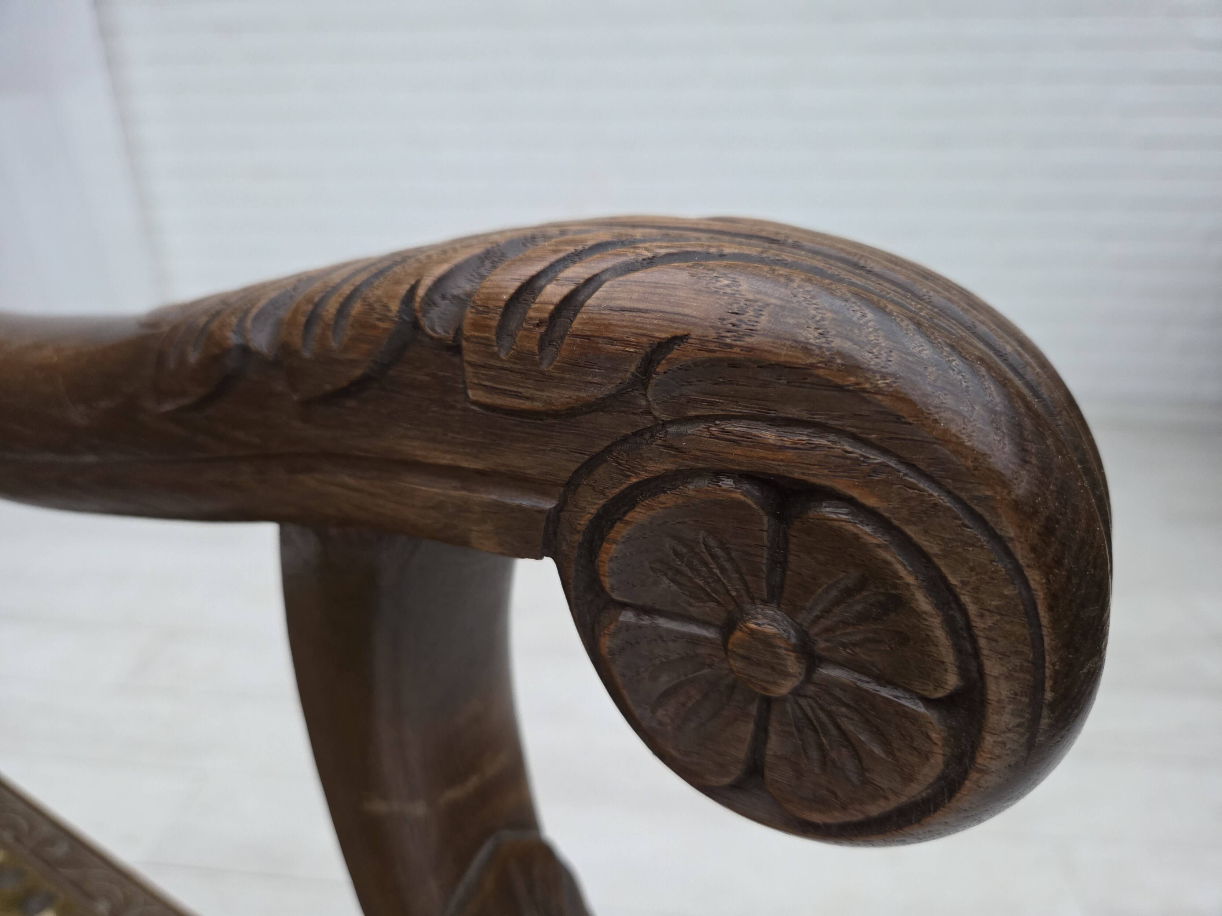 1930s, Danish highback armchair, furniture mesh, velour, carved oak wood.