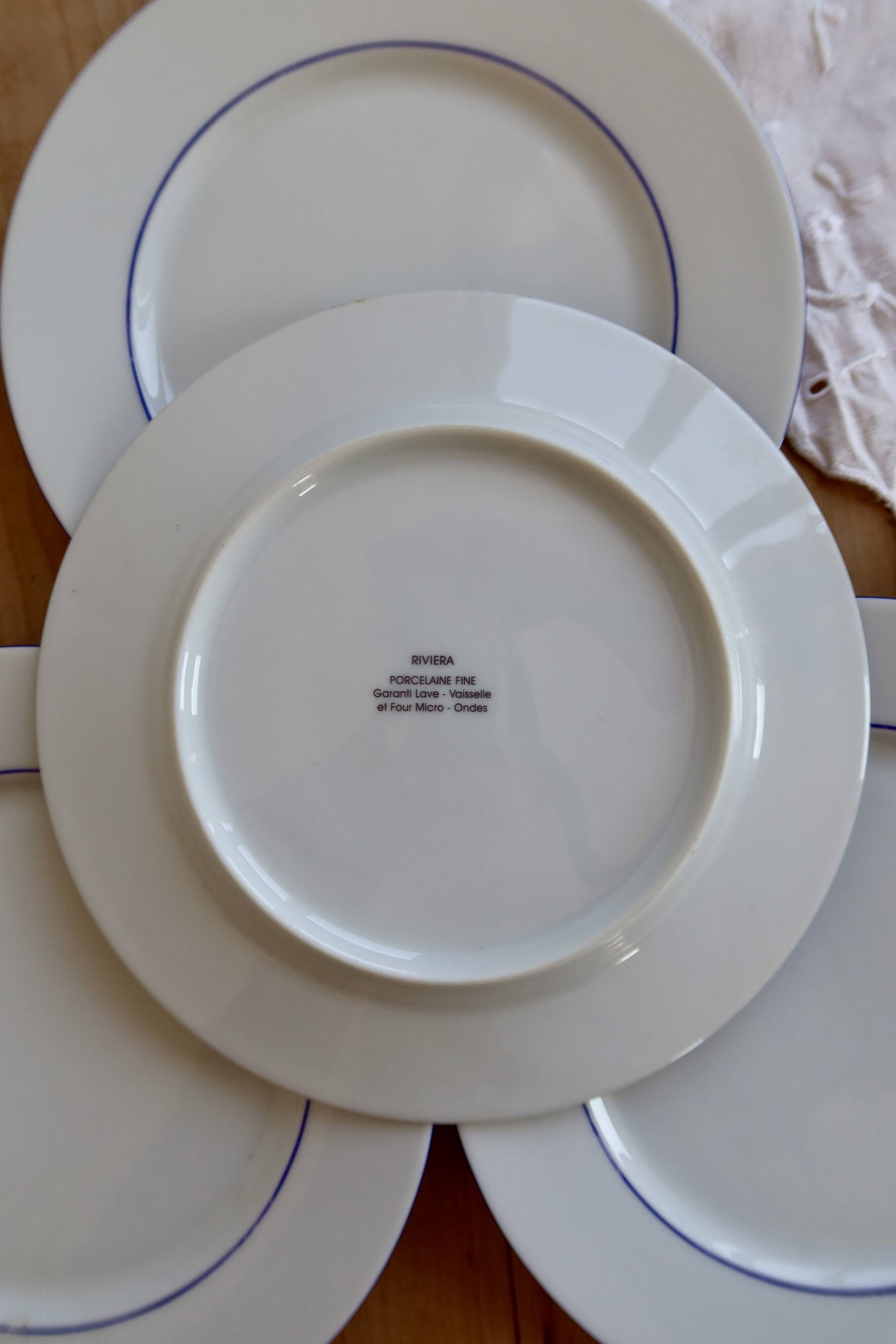 4 vintage dessert plates white porcelain with blue trim