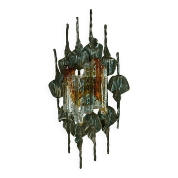 Large brutalist iron & ice Murano glass sconce / wall lamp, 1960s
