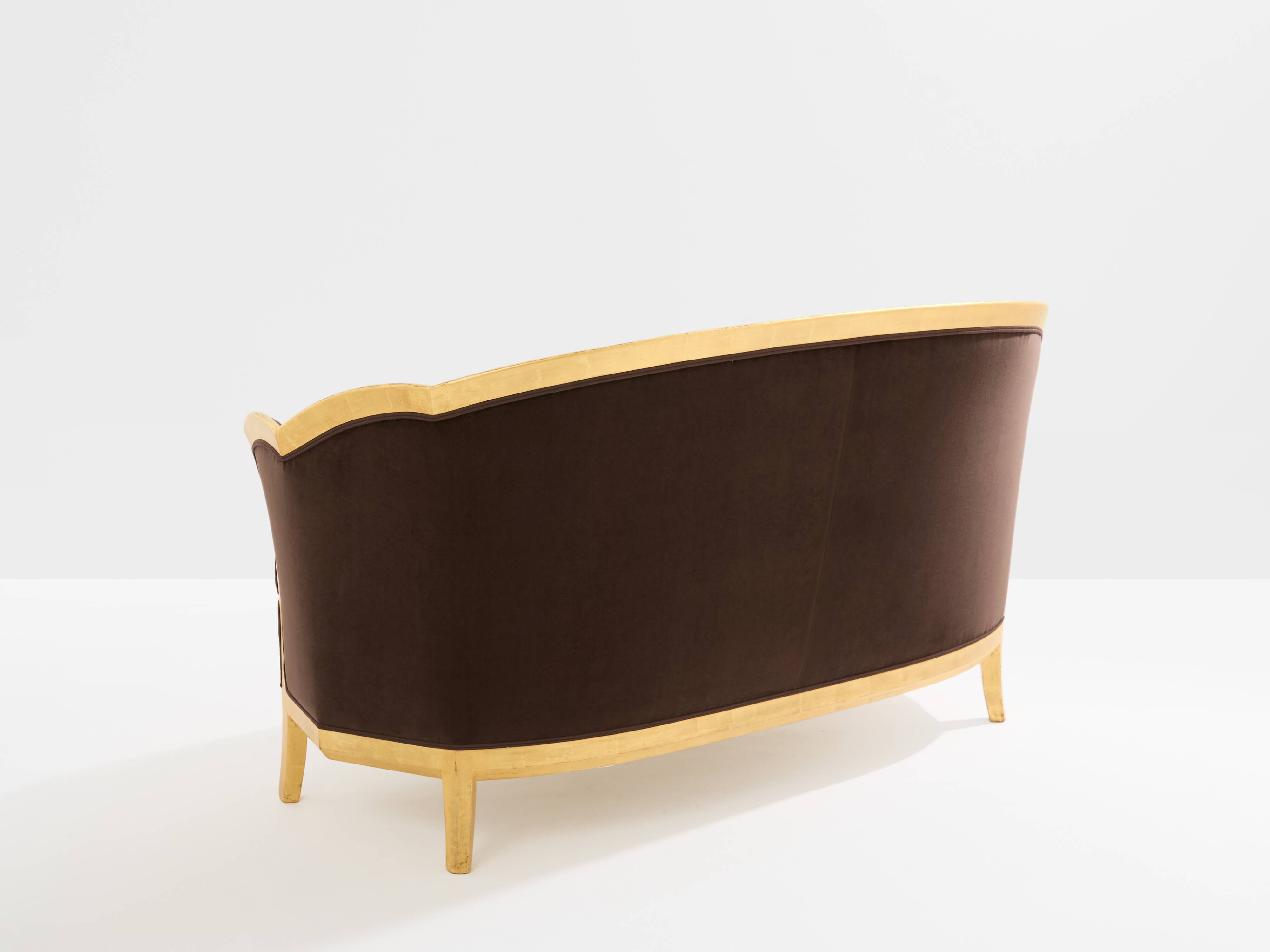 Maurice Dufrène gilded wood bench with brown velvet 1925