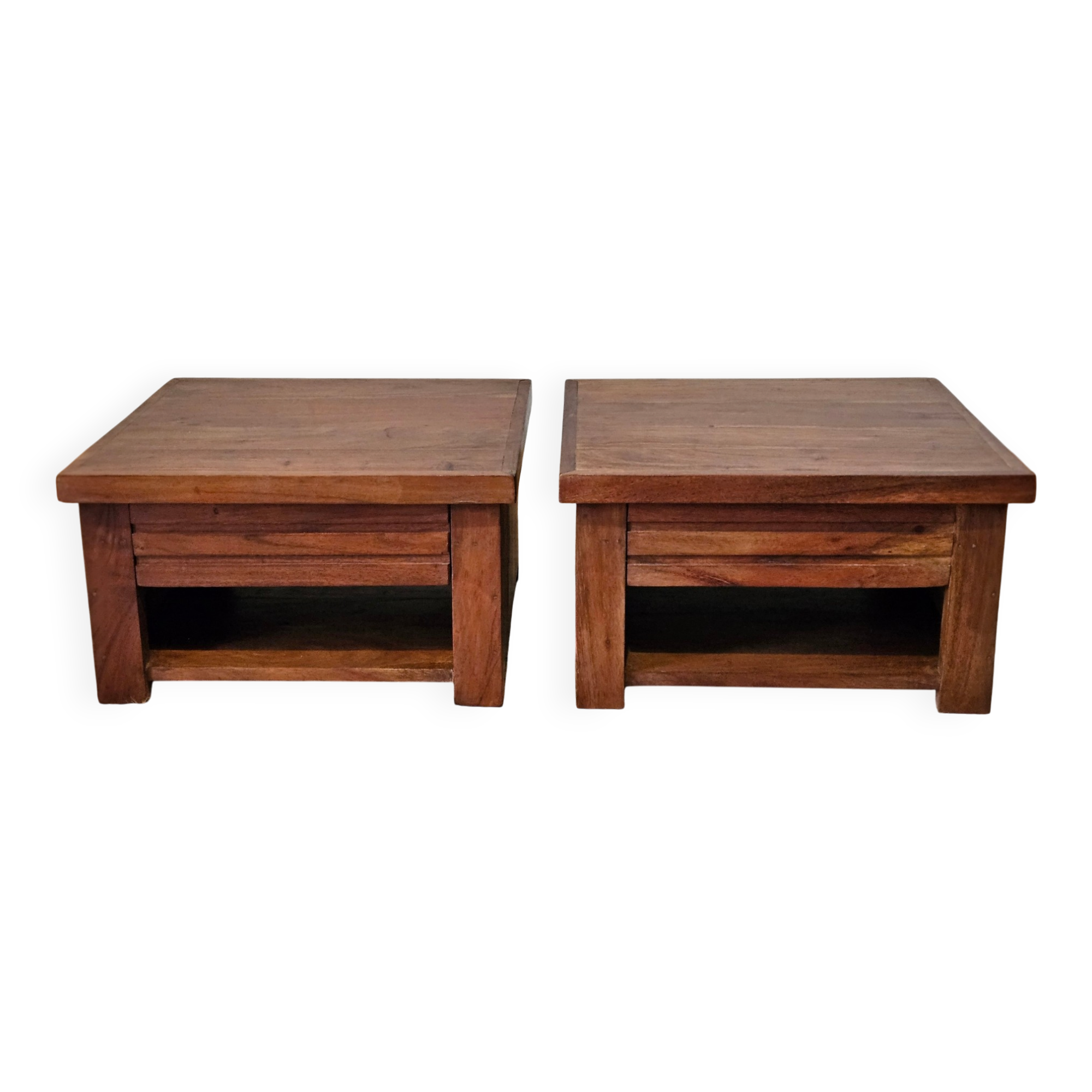 Pair of handcrafted walnut bedside tables from the 20th century.