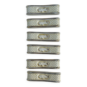 Lot de 6 porte-couteaux vintage en faïence – Décor poisson et treillis crèm