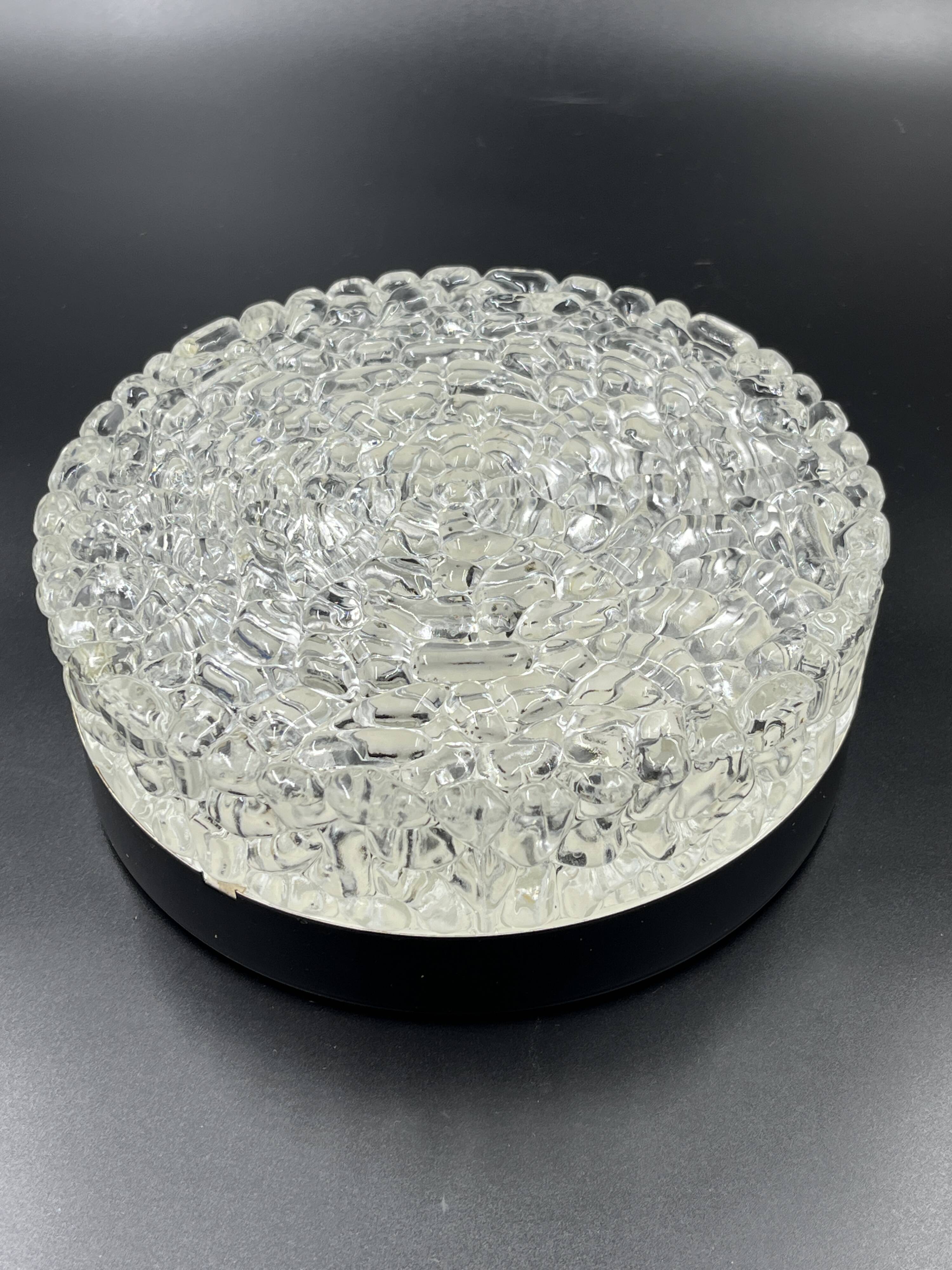 Vintage glacier glass Brutalist round ceiling light.