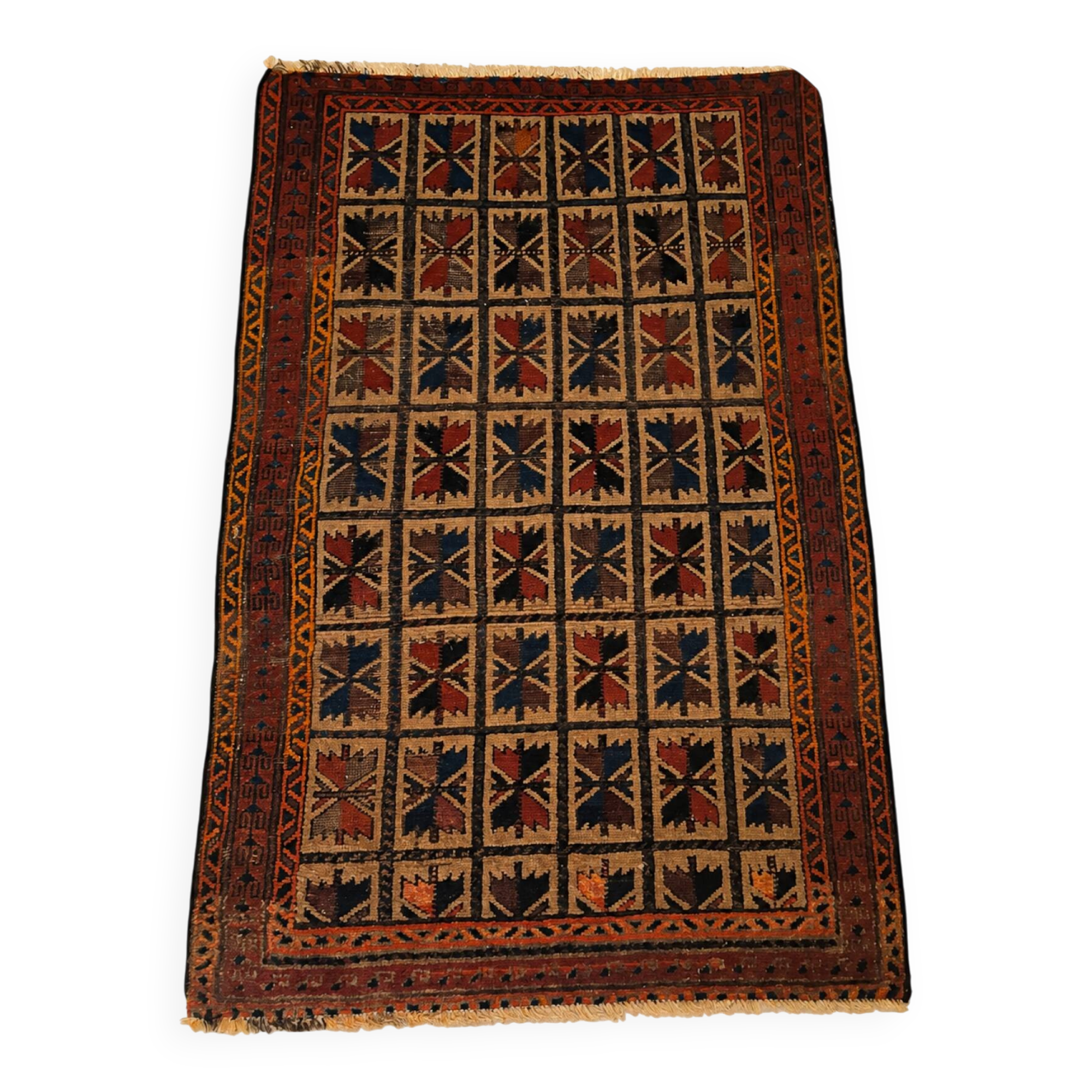 Persian carpet, hand-knotted, geometric design.