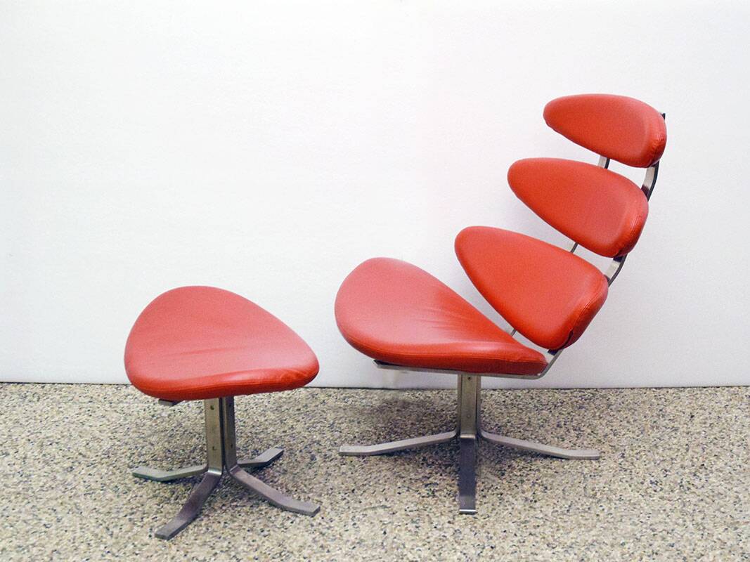 Paul Volther 'Corona Chair' with Ottoman, 1990s Replica in Leather