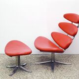 Paul Volther 'Corona Chair' with Ottoman, 1990s Replica in Leather