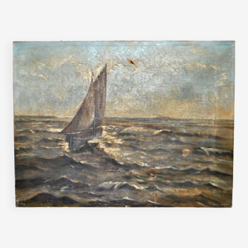 Old painting 1900 Oil on canvas "Marine" sailboat and liner on agitated ocean 45x35cm