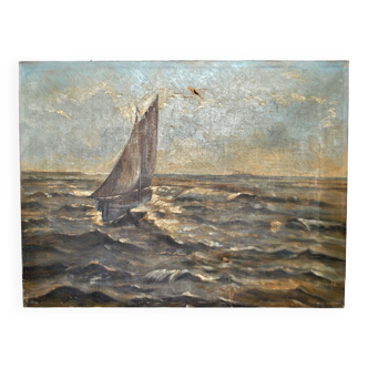 Old painting 1900 Oil on canvas "Marine" sailboat and liner on agitated ocean 45x35cm