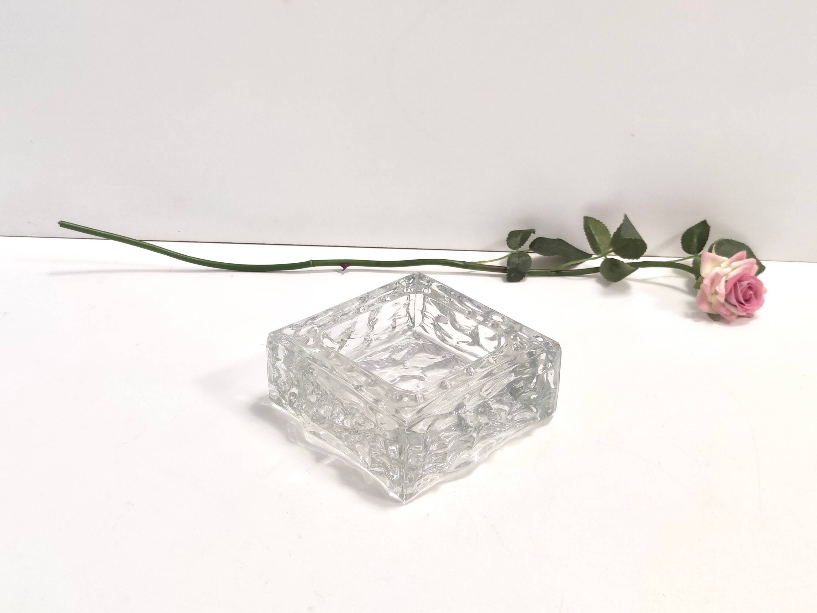 Vintage Square Transparent Molded Thick Glass Ashtray - Trinket Bowl, Italy