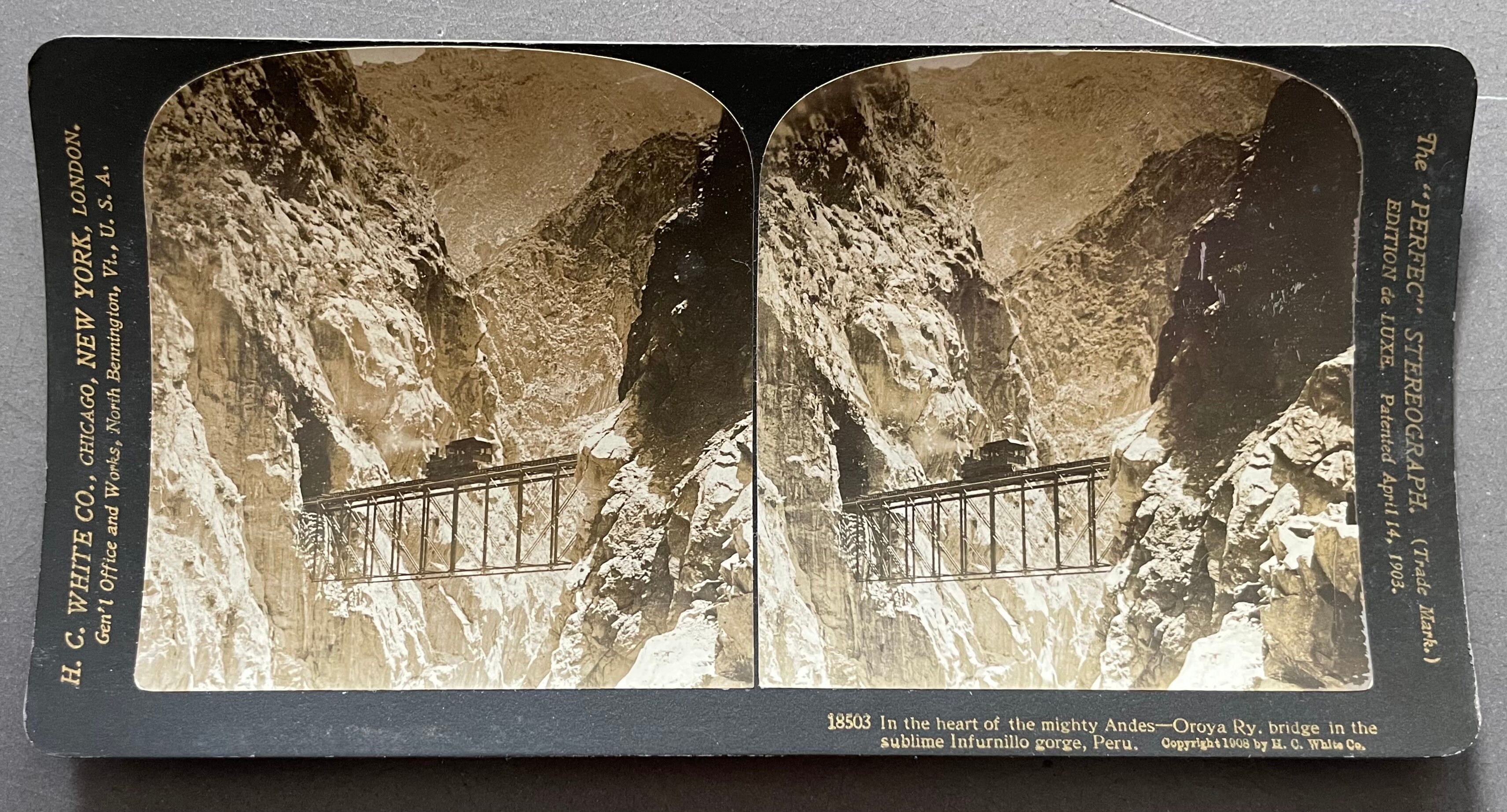Old photography stereo, stereograph, luxury albumine 1903 Gorge d'Infurnilllo, Peru