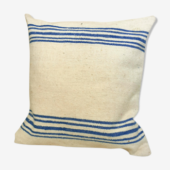 Off-white Berber cushion covers in blue striped wool