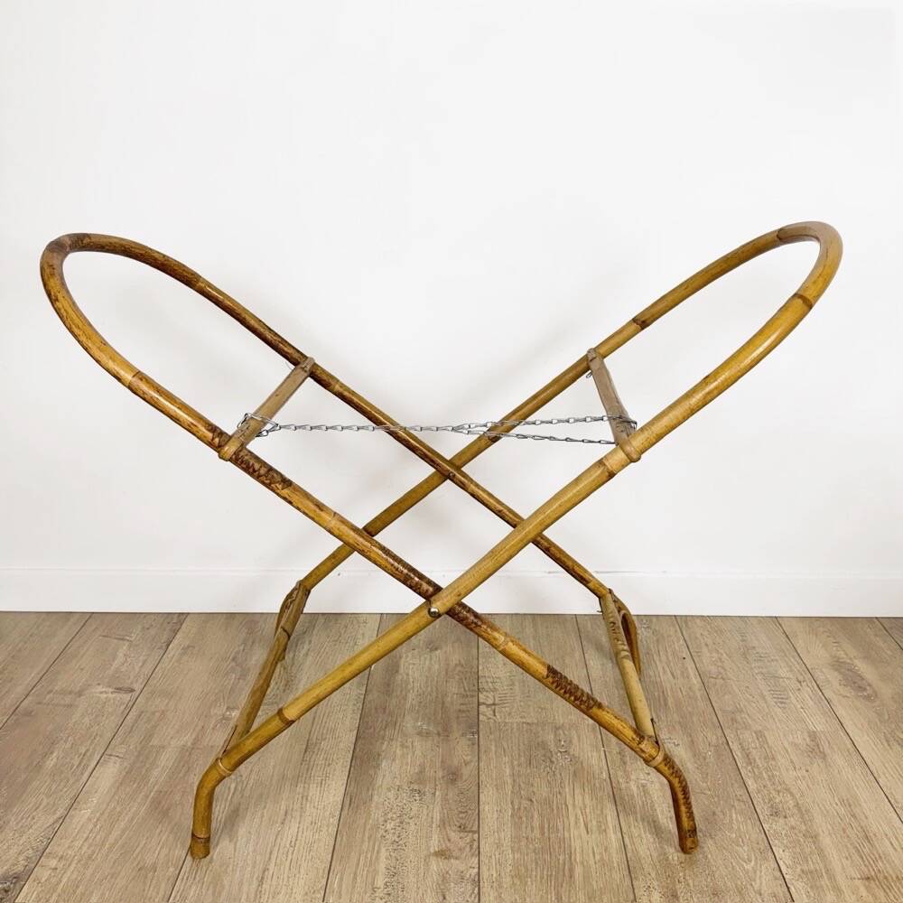 Bamboo bassinet on a stand, bohemian 1970s.