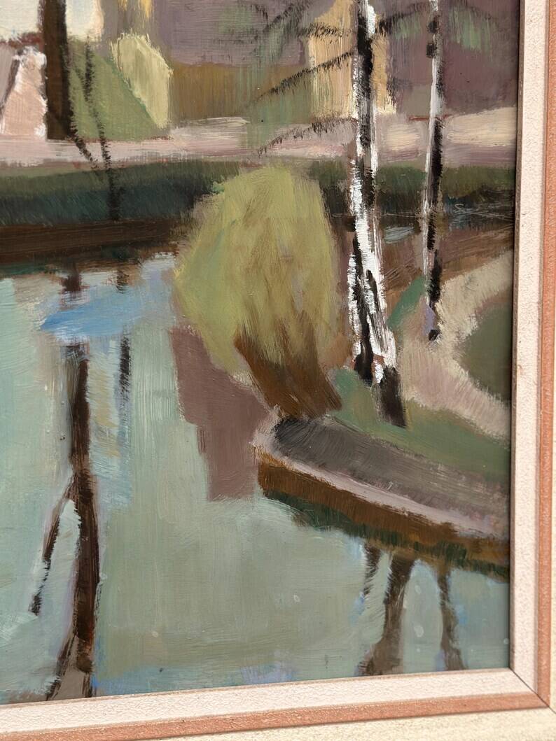 Original Swedish Oil on Canvas - "Landscape with Trees and Buildings" by Ingvar Björk - 1948 - Vintage - Framed - 62 × 48 cm (24.4" × 18.9")