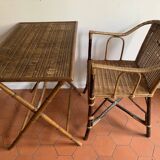 Folding table in bamboo-style wood and woven top, Napoleon III
