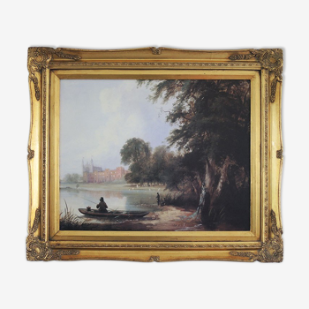 Old oil painting – the castle – gilded wood frame – barj-buzzoni collection
