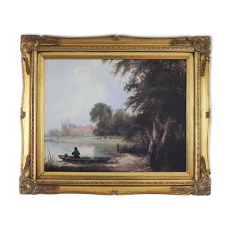 Old oil painting – the castle – gilded wood frame – barj-buzzoni collection