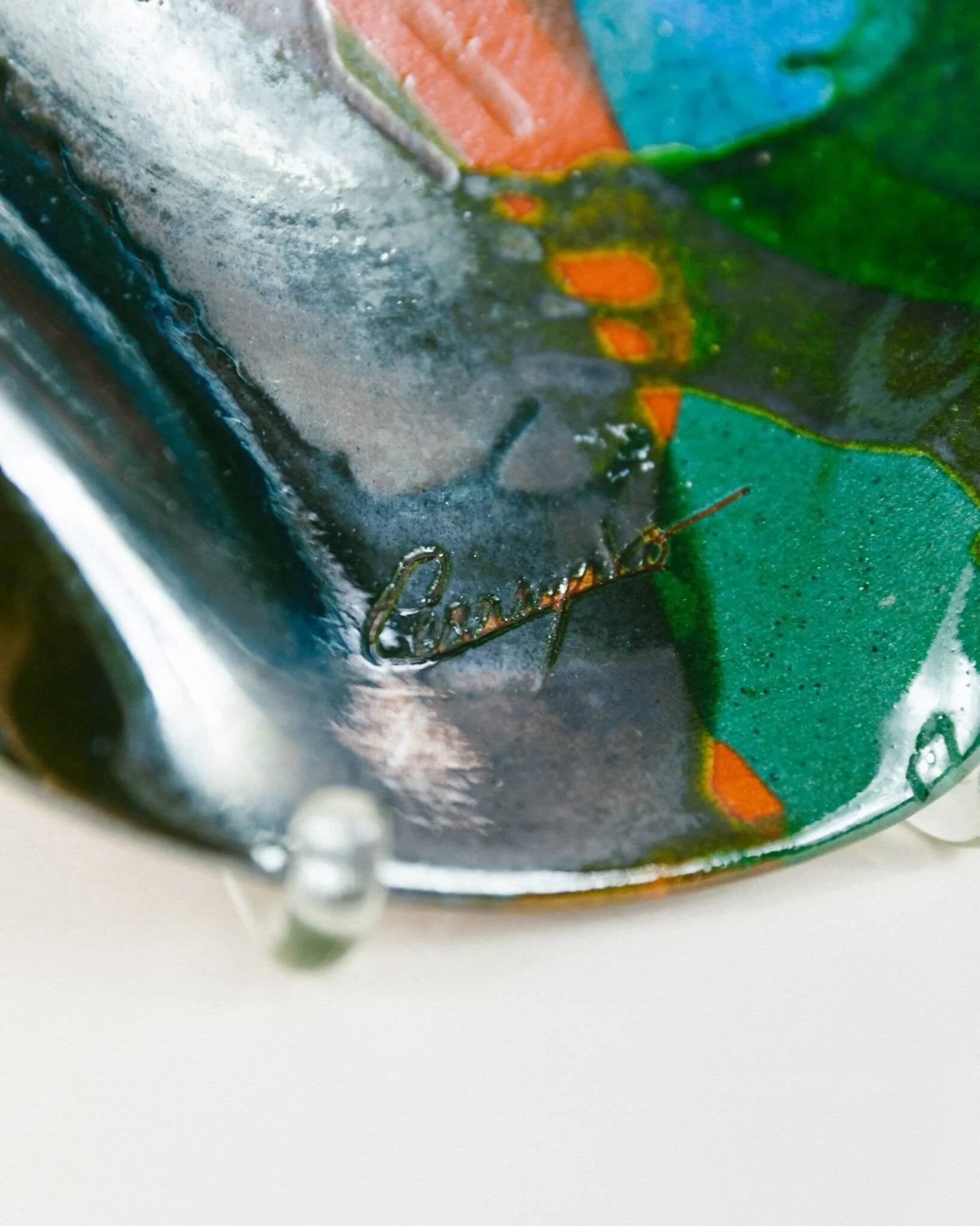 Multicolore glazed ceramic bowl, XL size, signed, Spanish mid-century design (60s-70s) ideal fruit centerpiece