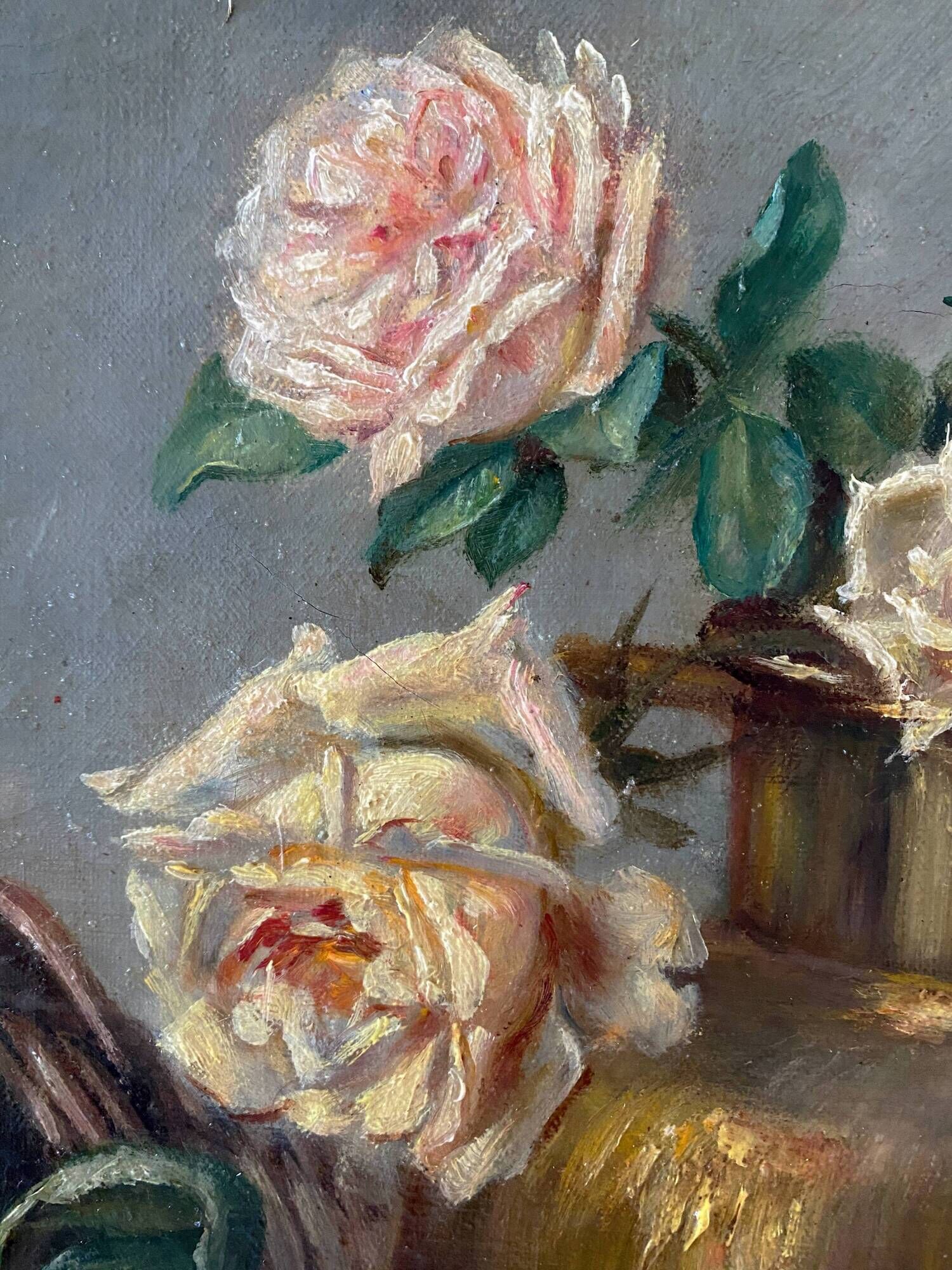 HST painting "Still life with roses and fruits" signed Maniere 1920