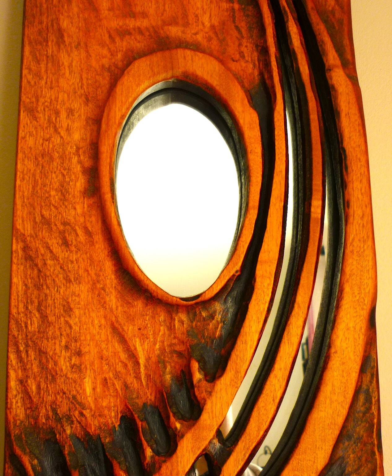 Carved wooden mirror, signed P. Guallino, "le passage", brutalist design from the 80s
